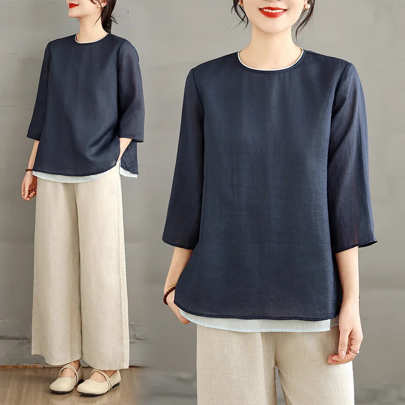 

Women T Shirts Tops Spliced Tees Three Quarter Sleeves Round Neck Slight Strech Loose Fit Casual Streetwear 2026 Spring Summer