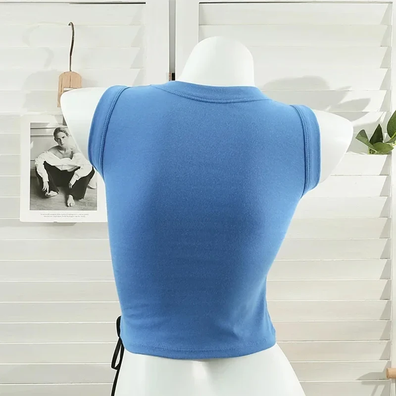 ITOOLIN Donna Solid Crop Top Estate Elastico Casual O-Collo Canotte lavorate a maglia con reggiseno Pad Lace up Top Cotton Chic Slim Camis