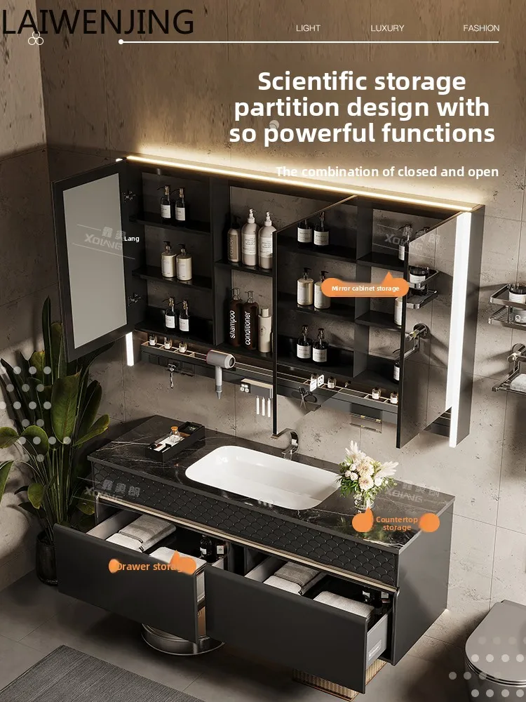 HLZ high-end light luxury oak bathroom cabinet combination bathroom rock slab hot bending integrated washstand