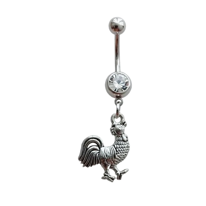 Punk Rooster Charm Belly Button Ring, Rooster Dangle Pendant 14G Navel Barbell Ring, Quirky Piercing Belly Bar Body Jewelry