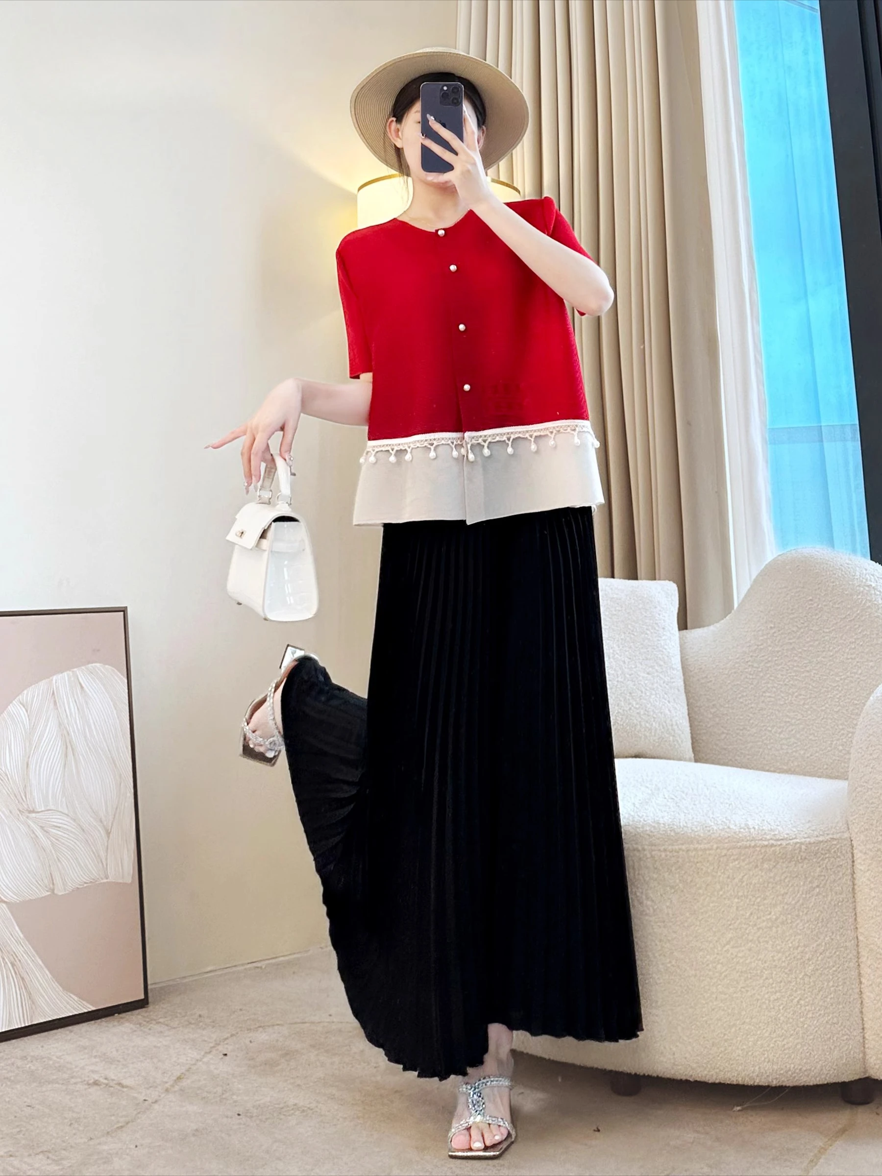 Letnia Sanzhai Prosta Jednolita Kolorowa Koralikowa Okrągła Dekoltowa Kurtka Top Nowa Luźna Temperamentna Duży Rozmiar Jednorzędowy Kardigan