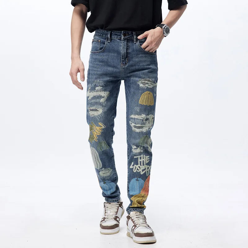 

Street Fashion Men Jeans Retro Blue Stretch Slim Fit Printed Ripped Jeans Men Embroidery Designer Hip Hop Denim Pants Hombre