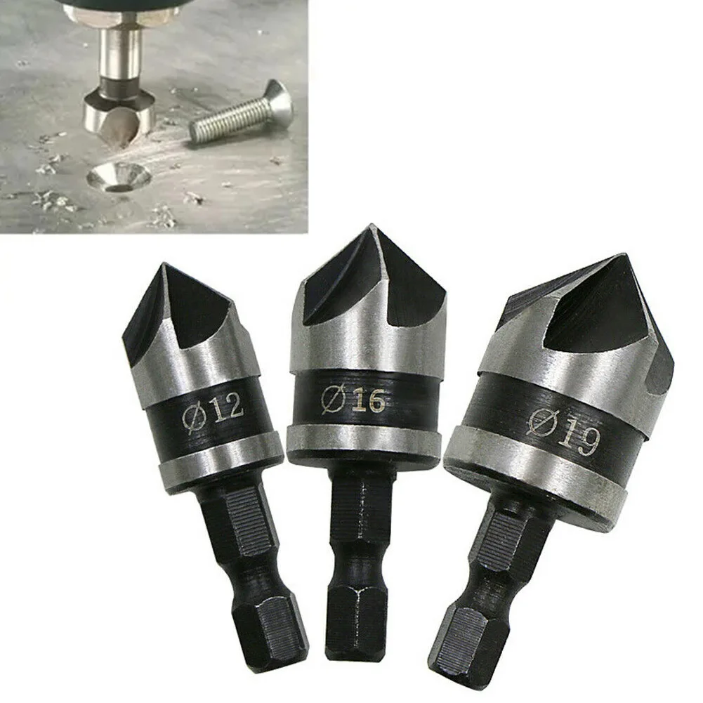 3pcs Drill Bit Chamfer 12/16/19mm 5 Flute Cutter Countersink Drill Bit Woodworking Drilling Bit Cutter Countersink Drill Bit Set