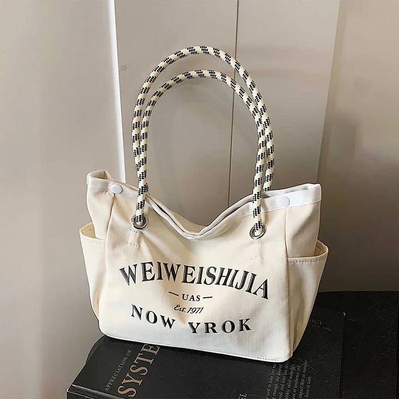 

Korean Letter Design Canvas Bags for Women Simple Large Capacity Student School Commuter Tote Bag Female Handbags