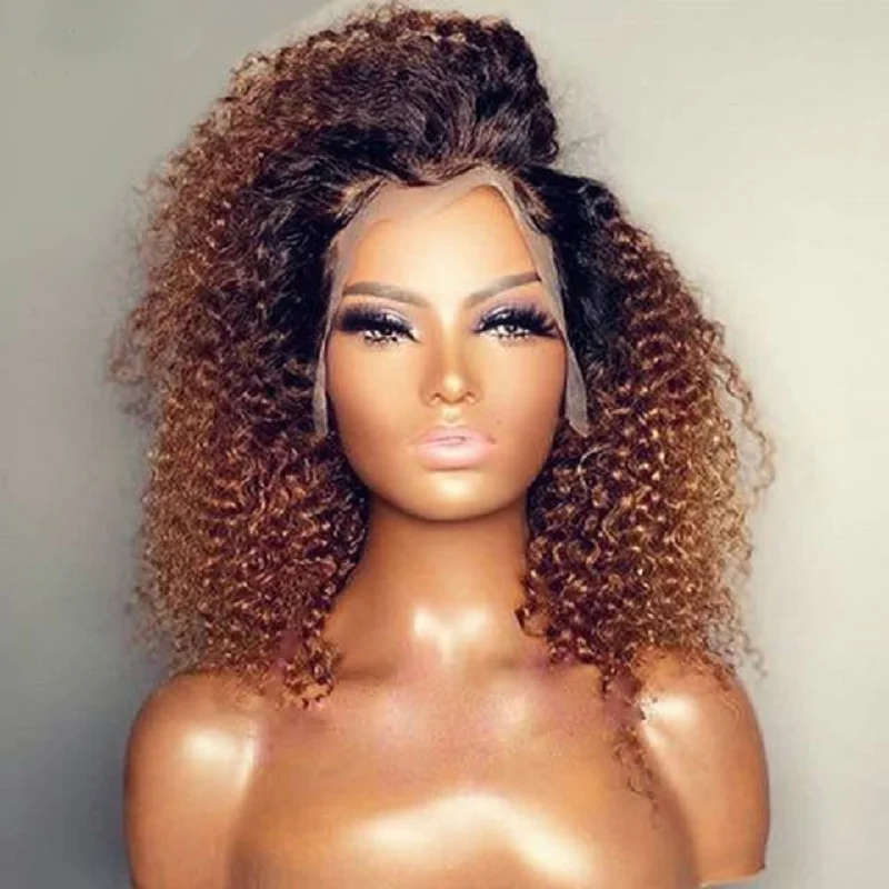 

Glueless Soft Ombre Honey Blonde Brown Short Cut Bob Kinky Curly Deep Lace Front Wig For Black Women BabyHair Prepluecked Daily