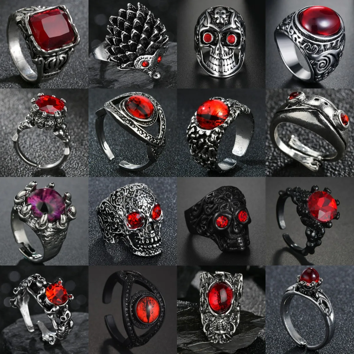 Glitter Red Crystal Vintage Ring Women Personality Metal Carving Pattern Evil Eye/Dragon/Skull/Frog Finger Ring Jewelry Gift