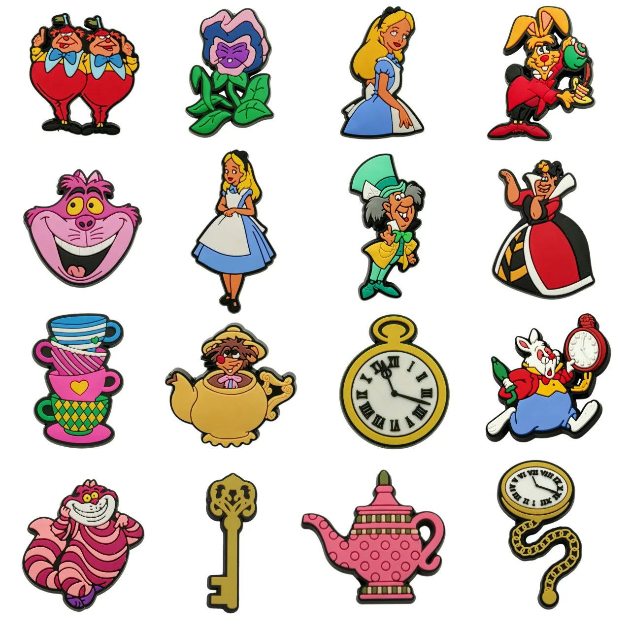 Mesuca 16Pcs Alice in Wonderland Cartoon PVC Shoe Charms Detachable Garden Hole Shoe Decor Mad Hatter DIY Shoe Accessories