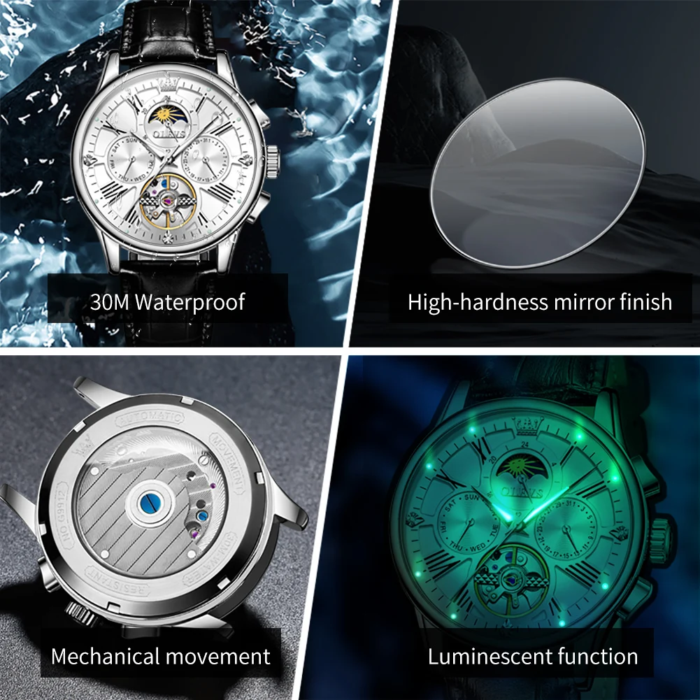 OLEVS 9912 Men Watch Classic Flywheel Skeleton Men Automatic Mechanical Watch Luxury Brand Waterproof Moonphase Men Watch Reloj - Image 5