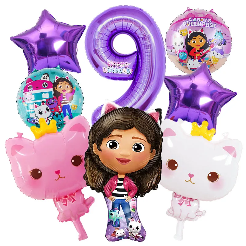 8-teiliges Gabby Dollhouse Set Niedliche Engel-Katzen Folienballons Anime Geburtstagsparty Cartoon Dekorationszubehör Babyparty Heliumballons – Detail 5