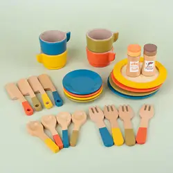 Wooden Toy Plates Dishes, Montessori Color Matching Cups, Simulation Play Dishes for Kids Play Cutlery Plate Set for Children
