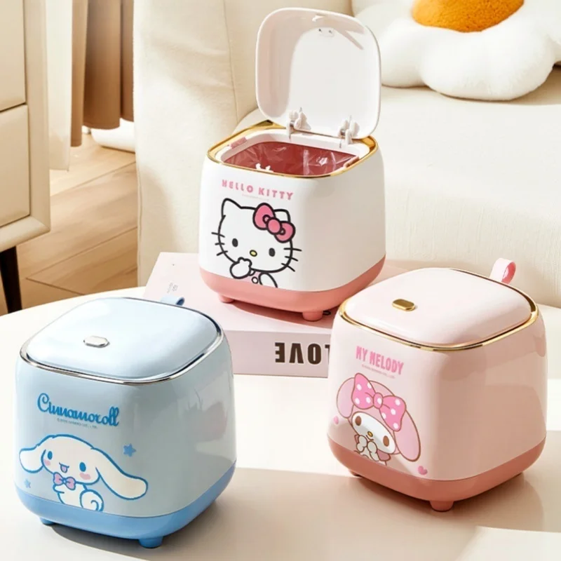 

Настольная мусорная корзина Kawaii Sanrio Hello Kitty объемом 1,5 л, мини-урна с нажимным механизмом для девичьей спальни, офиса, общежития, дома, для хранения на рабочем столе