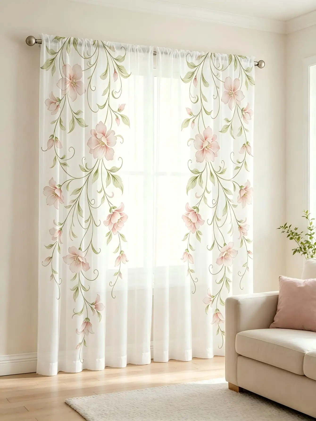 2PCS Digital Print Sheer Curtain, Pink Flower Vine Floral Botanical Nature Window Drapes for Living Room Bedroom Home Decor