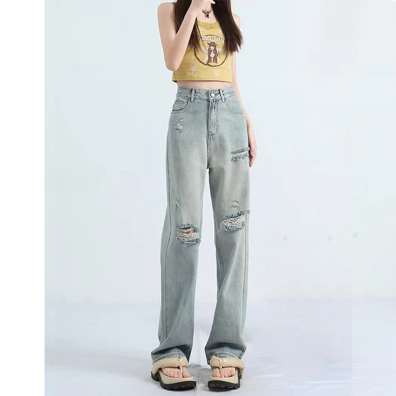 

Off Vintage High Waist Loose Fit Wide Leg Denim Jeans Women Spring 2025 New Sle Slimming Straight Loose Hole Punch