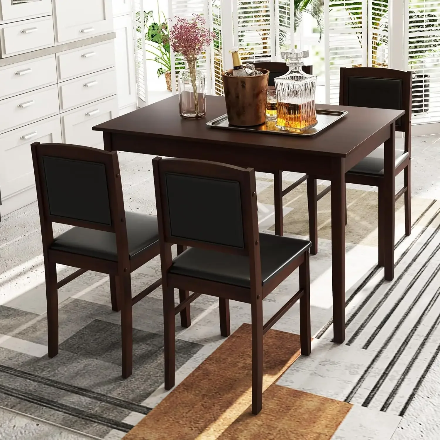 Dining Table Set for 4, Farmhouse Solid Wood Dinette Set w/Rubber Wood Legs, Upholstered Seat & Padded Backrest, Modern