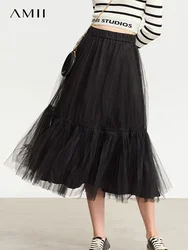 AMII Mesh Pleated Skirt for Women 2023 Autumn New Loose Fashion Cute Romantic Tutu Mid Length Skirt Clothing Streetwear 12343412