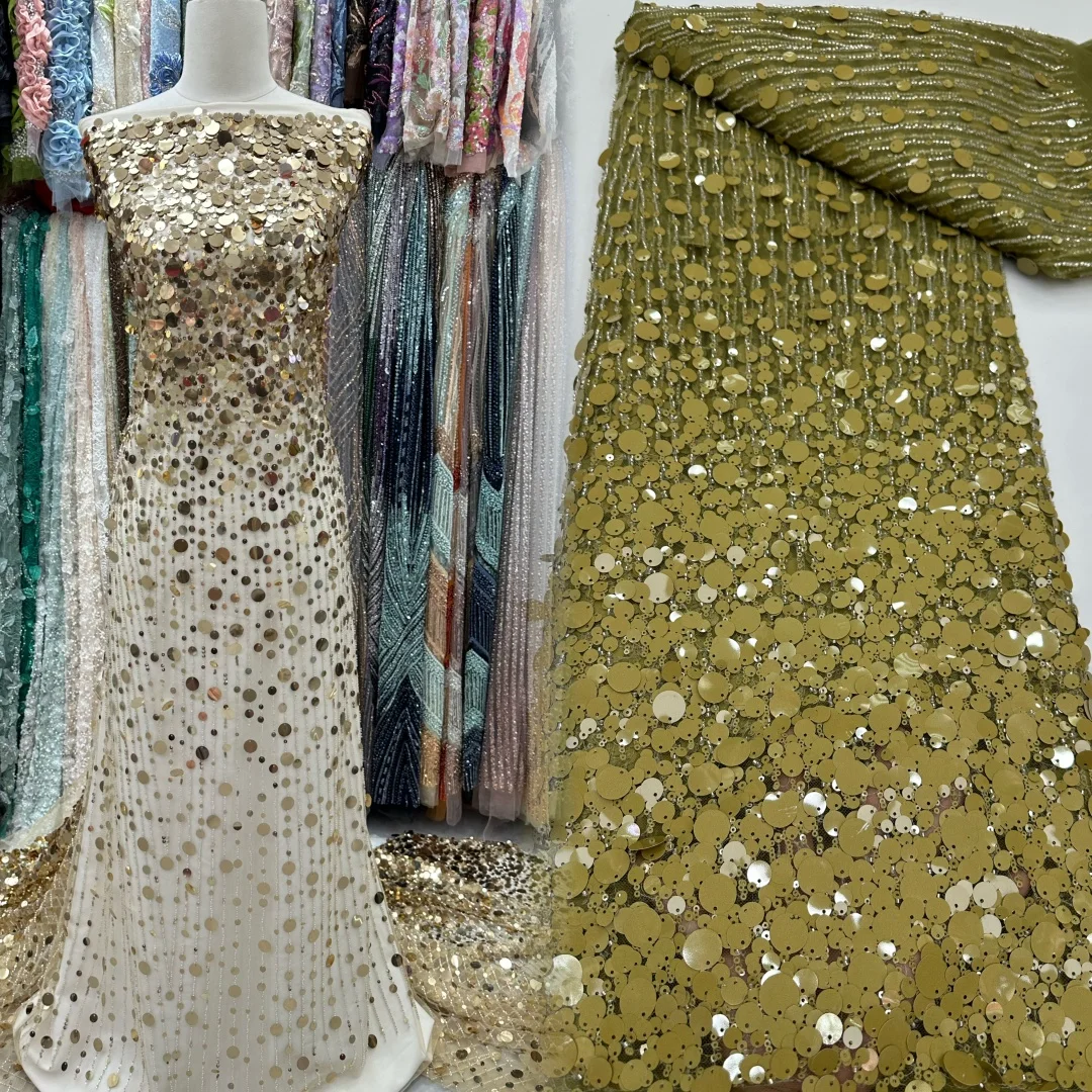 AT3012 5 Yards High Quality African Groom Beaded Lace 2026 Luxury Nigerian French Sequins Tulle Lace Fabric Women Evening Dress