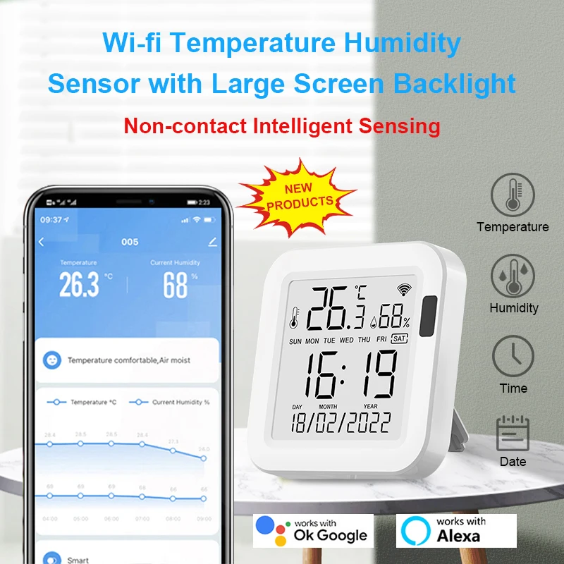 Tuya WiFi Temperature and Humidity Sensor USB Power With LCD Screen Display And Infrared Sensing Backlight Via Alexa Google Home