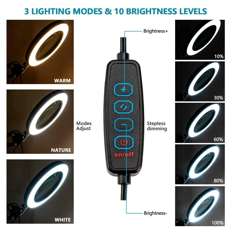 10X Magnifying Glass With Light And Clamp 3 Color Modes 10 Brightness Adjustable Magnifying Desk Lamp For Crafts Reading