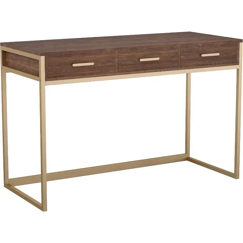 Home Office Desk with 3 Drawers in Walnut Wood Grain with Polished Brass Hardware