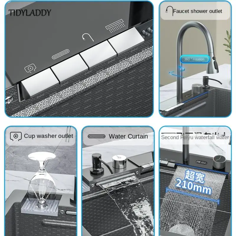 Imagem -03 - Pia de Cozinha de Cachoeira de Torneira de Display Digital Slot Único Grande em Relevo Acessórios Multifuncionais Aço Inoxidável