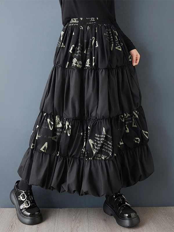 정통 캐주얼 루즈 스플라이스 케이크 스커트 패셔너블 부푼 플라워 버드 드레스 여성용 하이 웨이스트 기타 소재