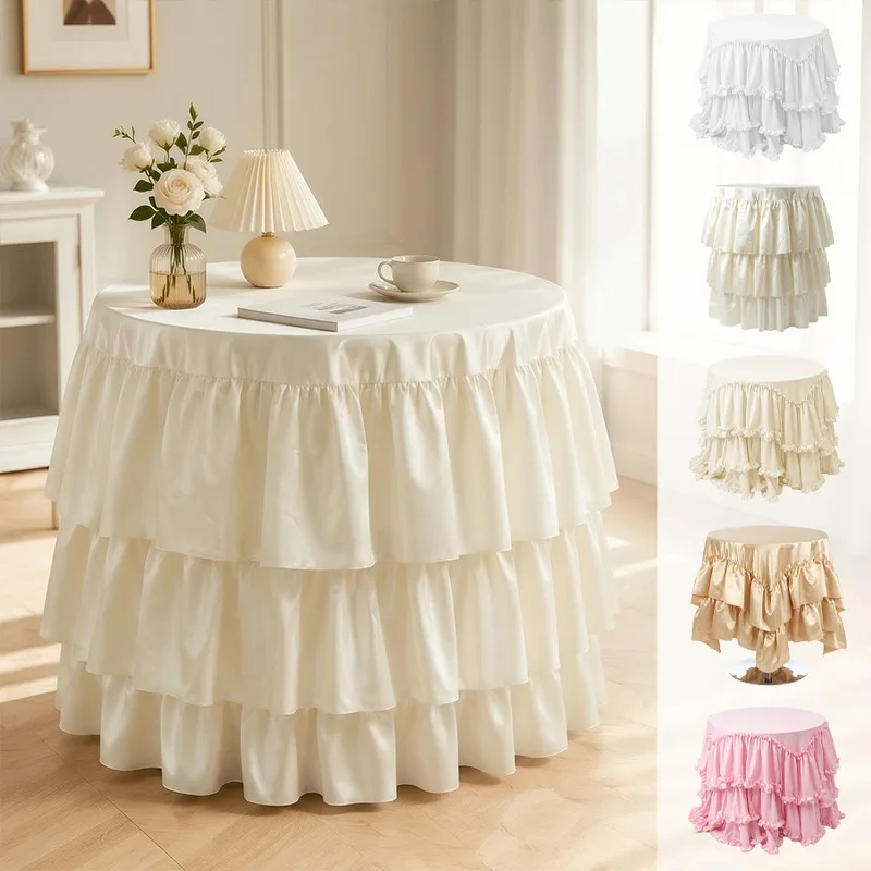 Romantic Ruffled Round Tablecloth Smooth Draping Multi-Layer Ruffle Table Cover Wedding Party Table Skirt Home Textile Decor