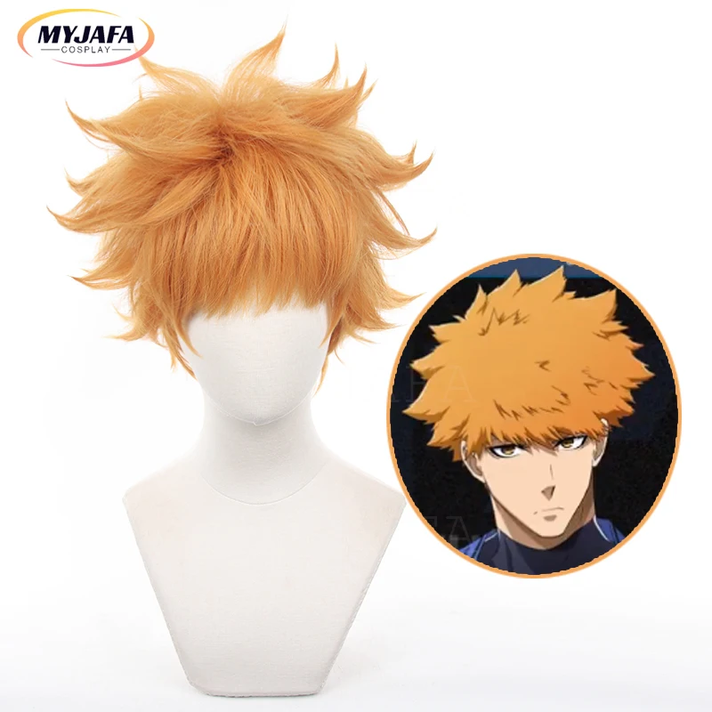 Peluca de Anime Blue Lock Hero Kunigami Rensuke, pelo corto amarillo y naranja resistente al calor, 30cm, pelucas del equipo Z No.9 + gorro de peluca