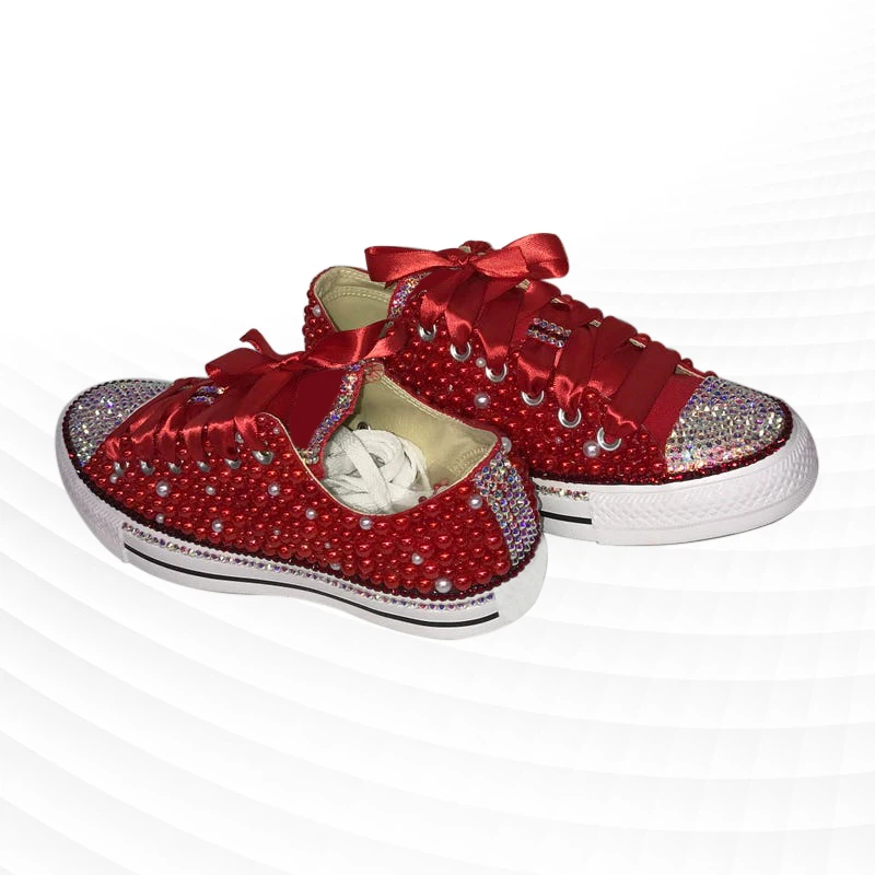 Low-top red canvas shoes red ribbon comfortable sports walking shoes handmade rhinestone ribbon pearl vulcanized shoes 35-46