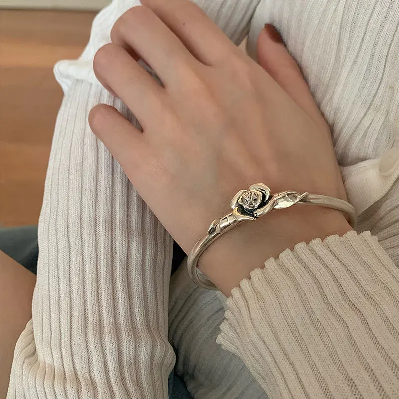 925 Sterling Silver Bracelet Bangle Vintage Rose Flower Geometric Punk For Woman Girl Fashion Jewelry Gift Dropship Wholesale
