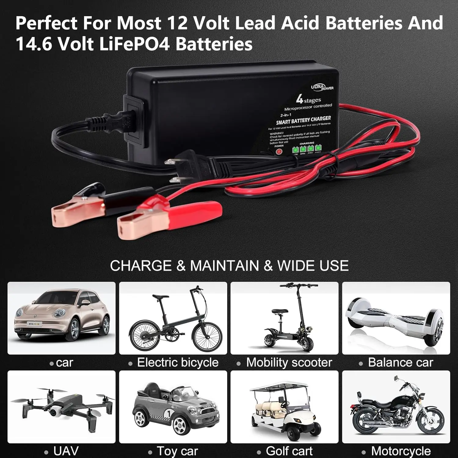 شاحن بطارية ULTRAPOWER 10-Amp LiFePO4، 14.6 فولت للسيارات والعربة والطائرات بدون طيار وحمض الرصاص 12 فولت