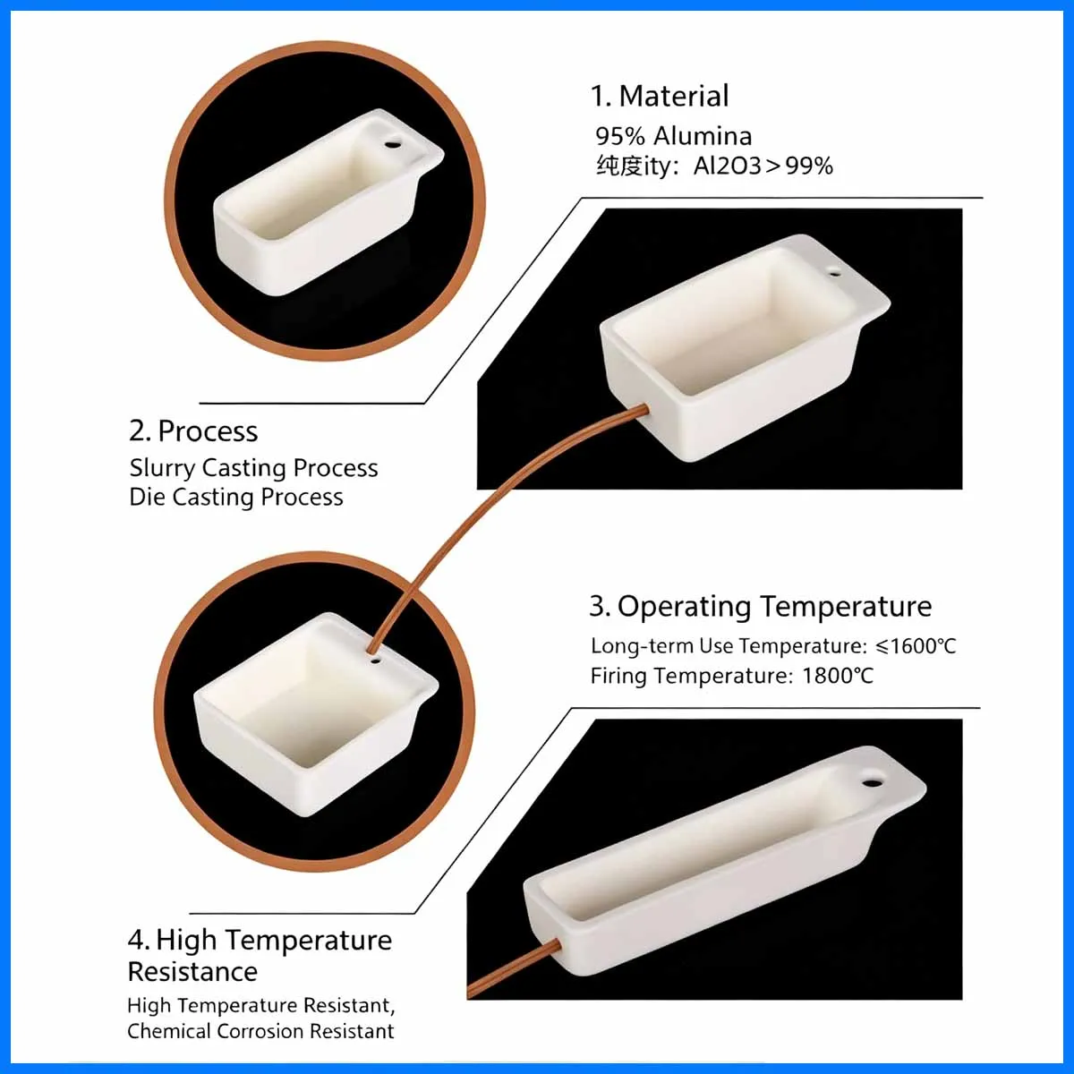 Al2O3 Corundum Ingot Crucible Outer Length 100mm Rectangular Aluminum Boat With Hole / Square Alumina Ceramic Melting Crucibles