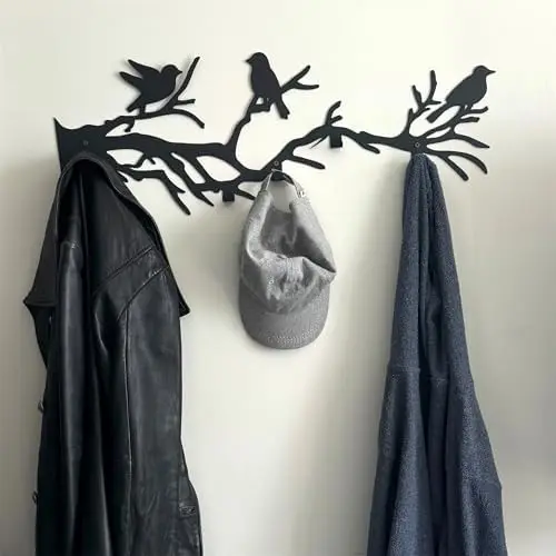 Decorative Bird Tree Branch Wall Mounted Coat Rack, Metal Art Hanger for Coats, Hats, and Scarves, Unique Wall Decor