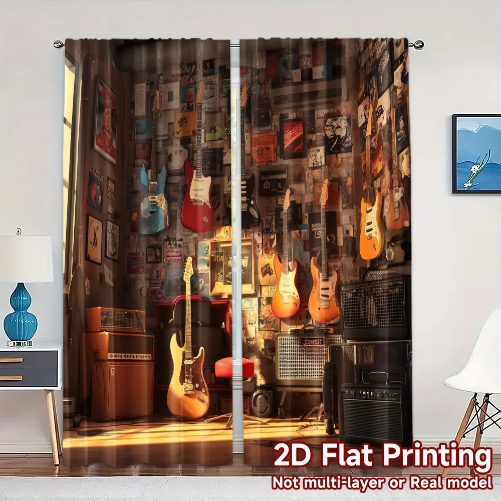 2pcs, 2D FLAT PRINTING Curtains (Without Rod) Music Haven Chic Curtain Cloth Durable Polyester Curtains Decorations Inside