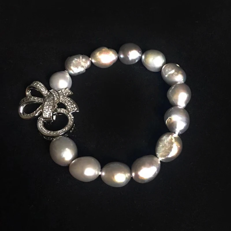 Natural Fresh Water Pearl Bracelet For Women Fashion Jewelry Cute Bowknot Grey Baroque Pearl BangleFemale Gift Elegant Birthday