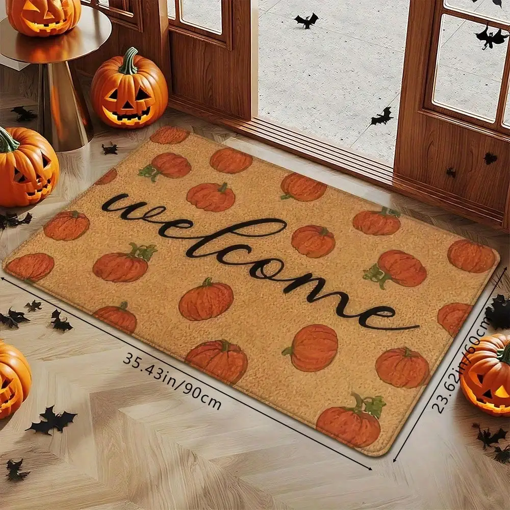 1pc, Classic Pumpkin Pattern Welcome Thanksgiving Autumn Decoration, Soft And Absorbent Bathroom Non-Slip, Halloween Kitchen Home Decor Rug, Suitable Indoor And