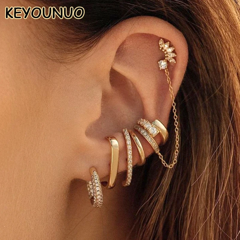 KEYOUNUO Hot Gold Plated CZ Hoop Earrings Set For Women Earcuffs Zircon Stud Earrings Fashion Party Wedding Jewelry Wholesale