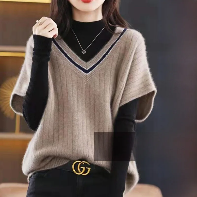 

Женский вязаный жилет больших размеров, комбинезон с открытыми плечами, свитер, верхняя одежда, осенне-зимняя мода, универсальный полосатый узор