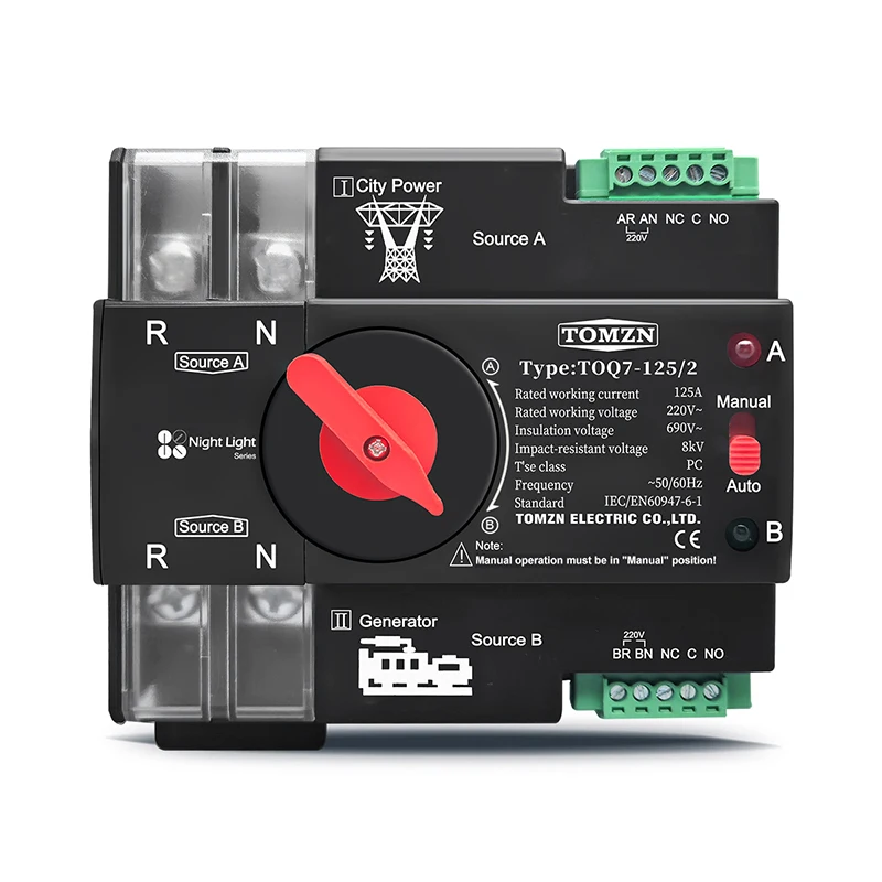 TOMZN Din Rail ATS 220V 230V Dual Power Automatic Transfer Electrical Selector Switch Uninterrupted 2P 63A 100A 125A
