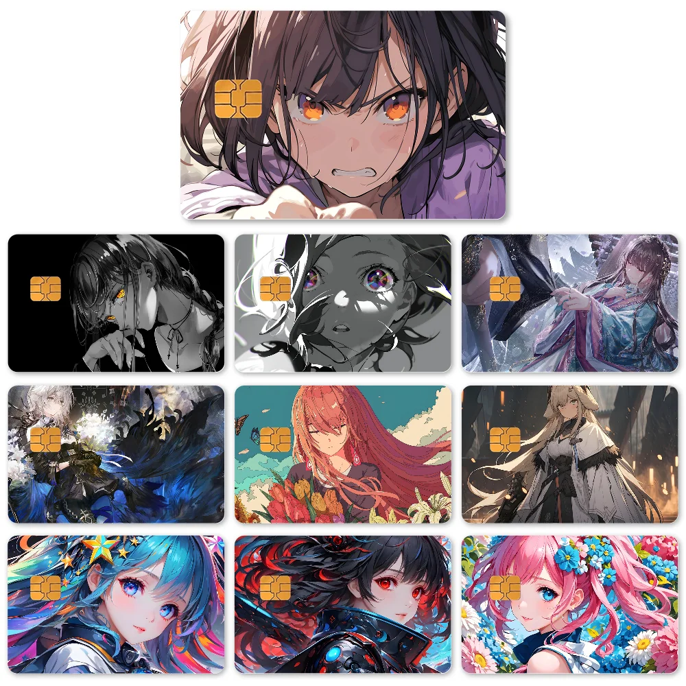 1PC Anime Girls Locking Edge Computer Stickers 4pcs PVC Card Skin Stickers For Bank Card Bus Metro Card Case Decorate Gift