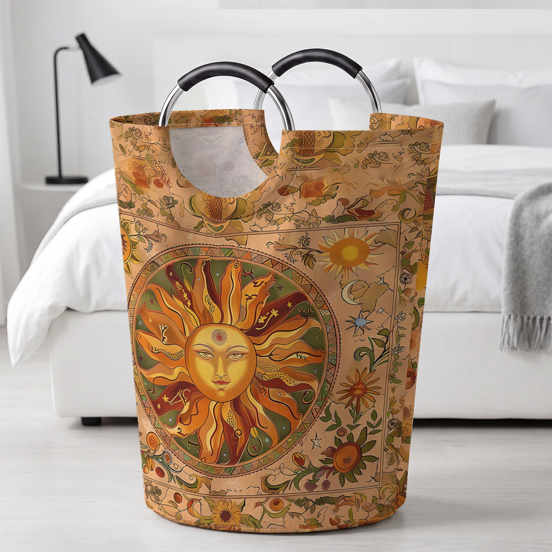 Vintage Boho Sun Face Pattern All Over Print Handheld Storage Basket, For Laundry, Bedroom & Home Sundries Storage