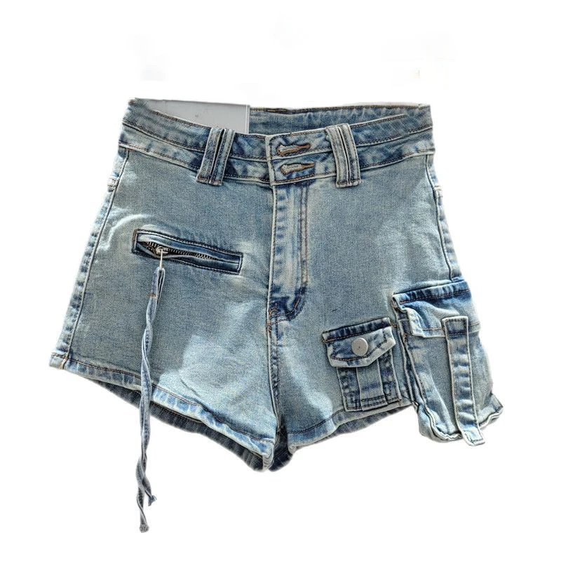 

WTHT Vintage Fashion Women's Cargo Pockets Denim Shorts 2025 Spring Trendy Low Waist Wrap Hip Short Pants Female 1LS1140