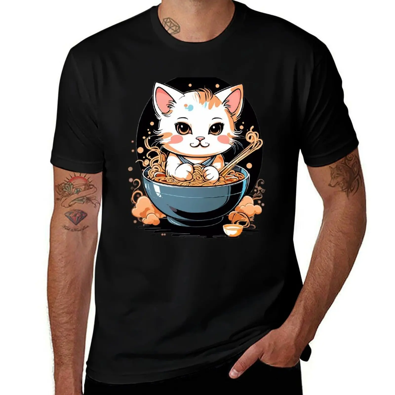 

A kawaii cat eating ramen T-Shirt cotton t shirts high quality men t shirt cotton 100% T-Shirt