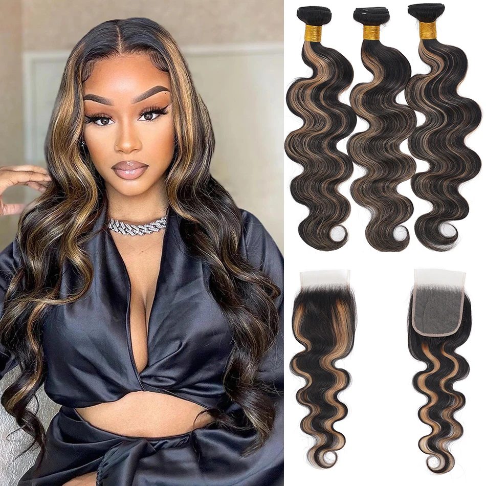 12A أومبير البيانو الجسم موجة حزم مع إغلاق 100% غير المجهزة تسليط الضوء على شعر الإنسان الجسم موجة حزم مع إغلاق الدانتيل 4x4 HD