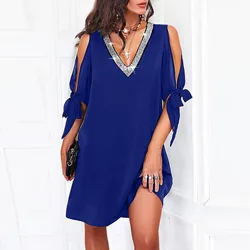 Summer Elegant Casual Dresses For Women Clothing 2024 Plus Size V Neck Short Sleeve Sequin Dress Bow Off Shoulder Midi Dresses