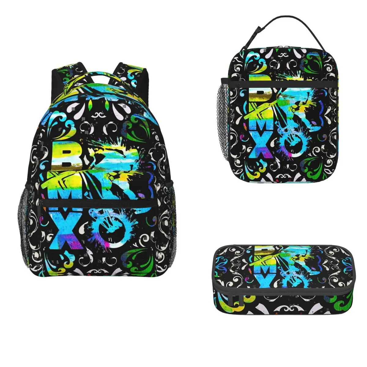 

Bmx Apparel Bmx Freestyle Pattern Backpacks Boys Girls Bookbag Cartoon Kids Rucksack Lunch Bag Pen Bag Three-Piece Set