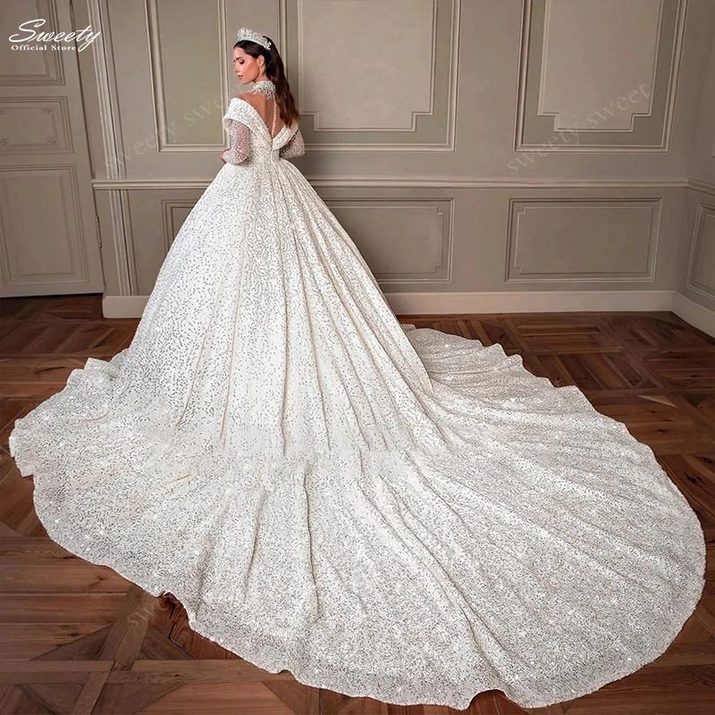 Luxurious Wedding Dresses Fully Beaded High-Neck Princess Ball Gown Ong Sleeve Customized Bride Dress Button Vestido De Novia