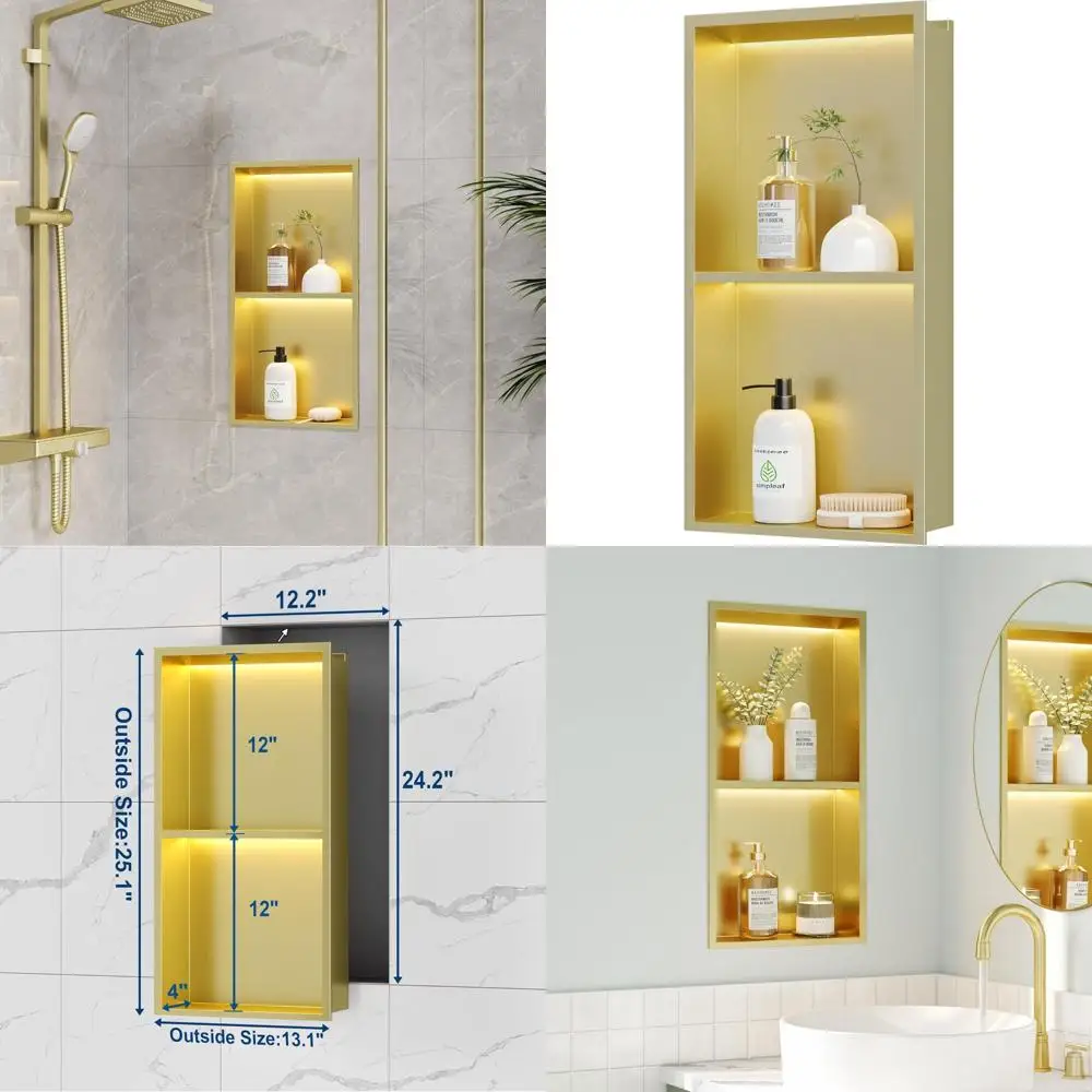 

Two-Tier 12x24 Shower Shelf with LED Lighting, Golden Recessed Wall Storage, Stainless Steel Shower Wall Niche