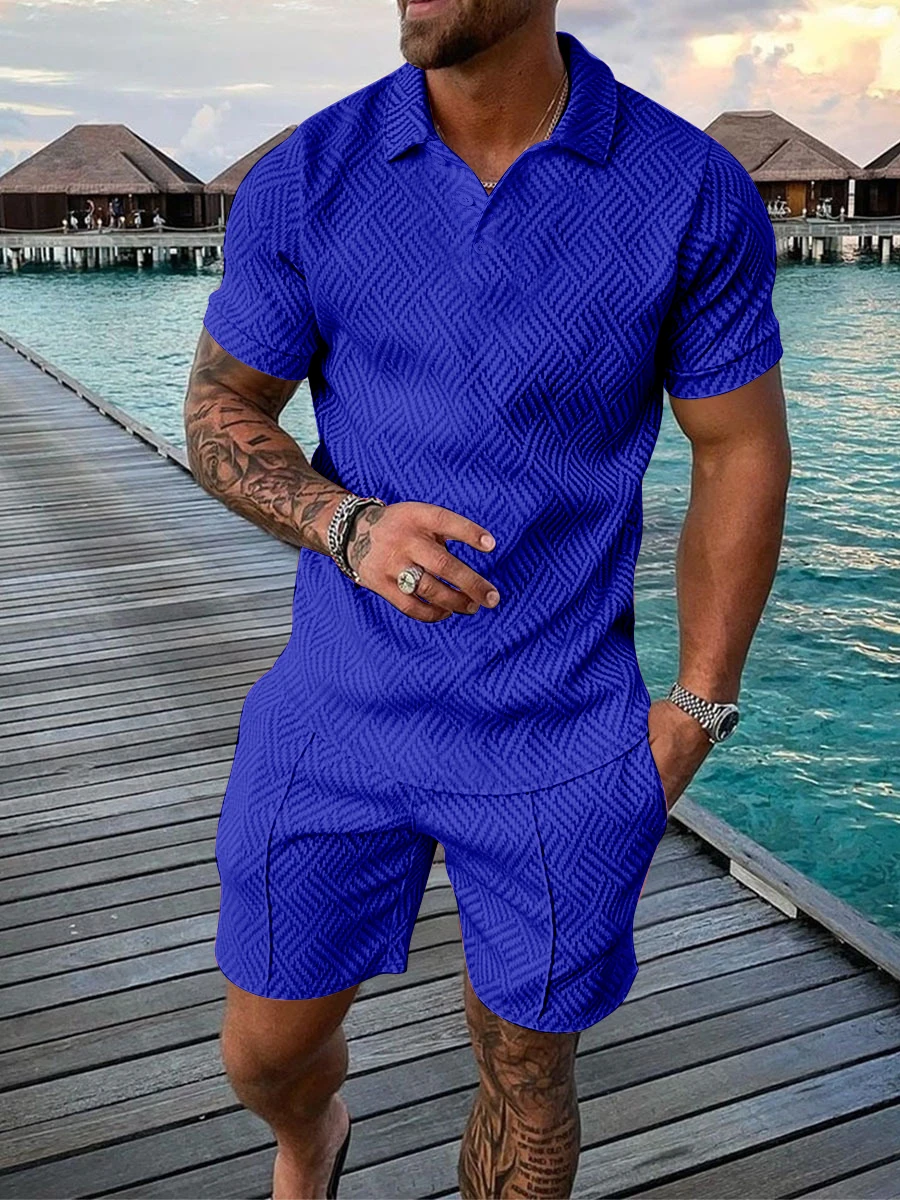 2024 Men\'s Summer Fashion Casual 3D Printed Polo Shirt Flip Collar Casual 2-piece Set