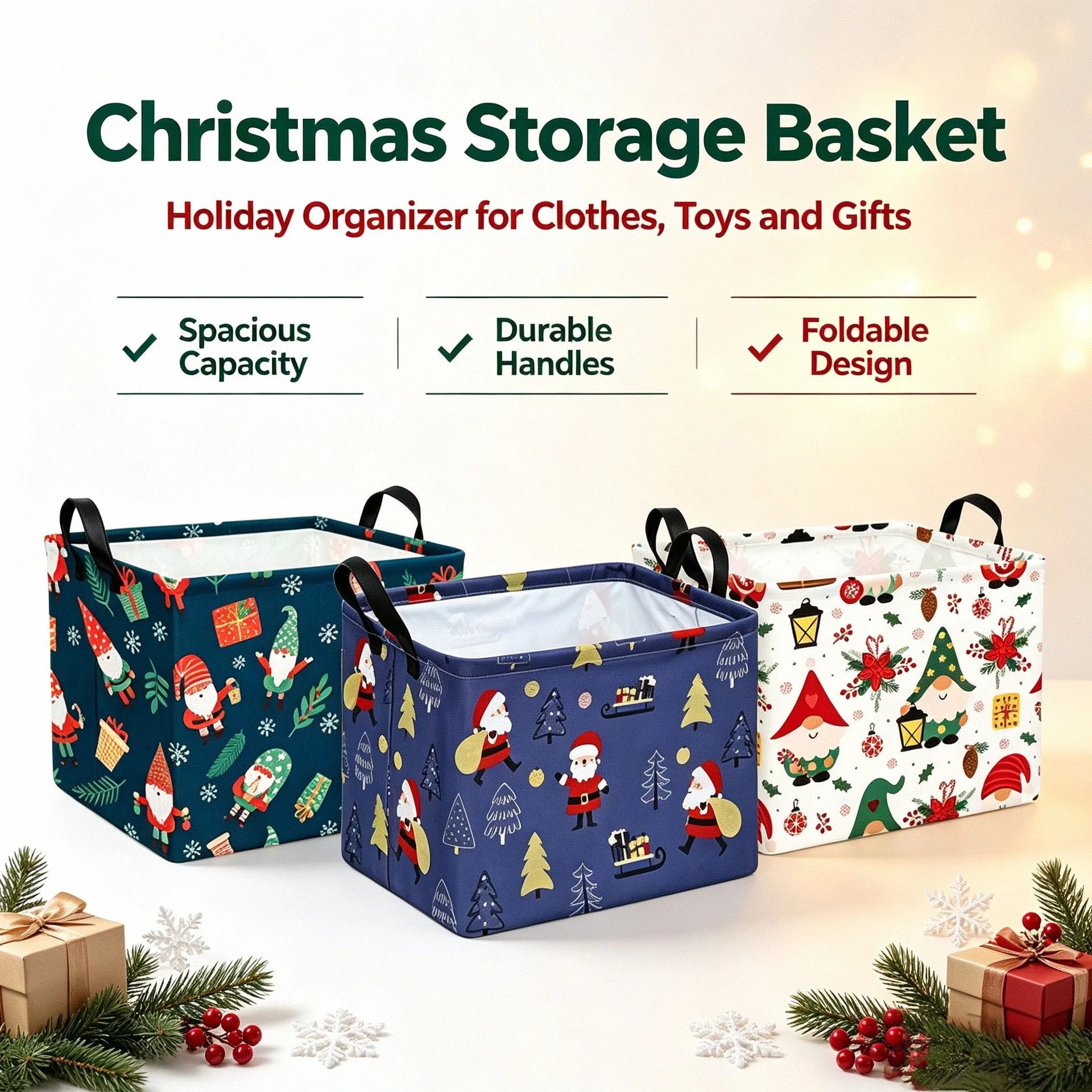 Christmas Gift Storage Basket, Foldable Canvas Organizer Bin with Waterproof Liner, Large Toy Laundry Basket for Holiday Decor