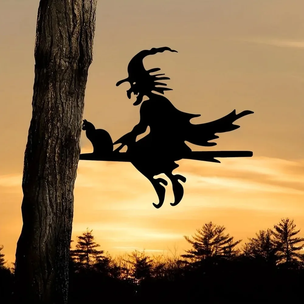 pc Enchanting Scary Witch & Cat on Branch Steel Silhouette Metal Wall Art - A Magical Addition for Home, Yard, and Patio